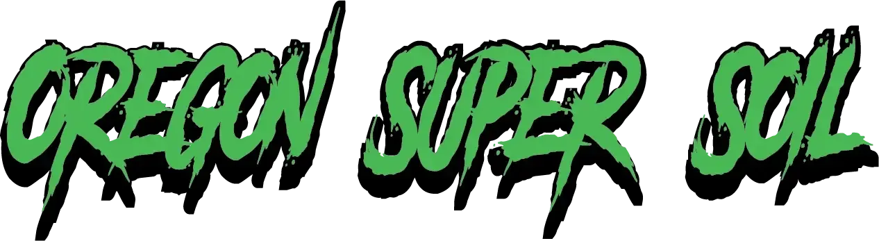 The image contains the text 'OREGON SUPER SOIL' in a stylized green font. The letters have a black outline, giving them a bold and prominent appearance.