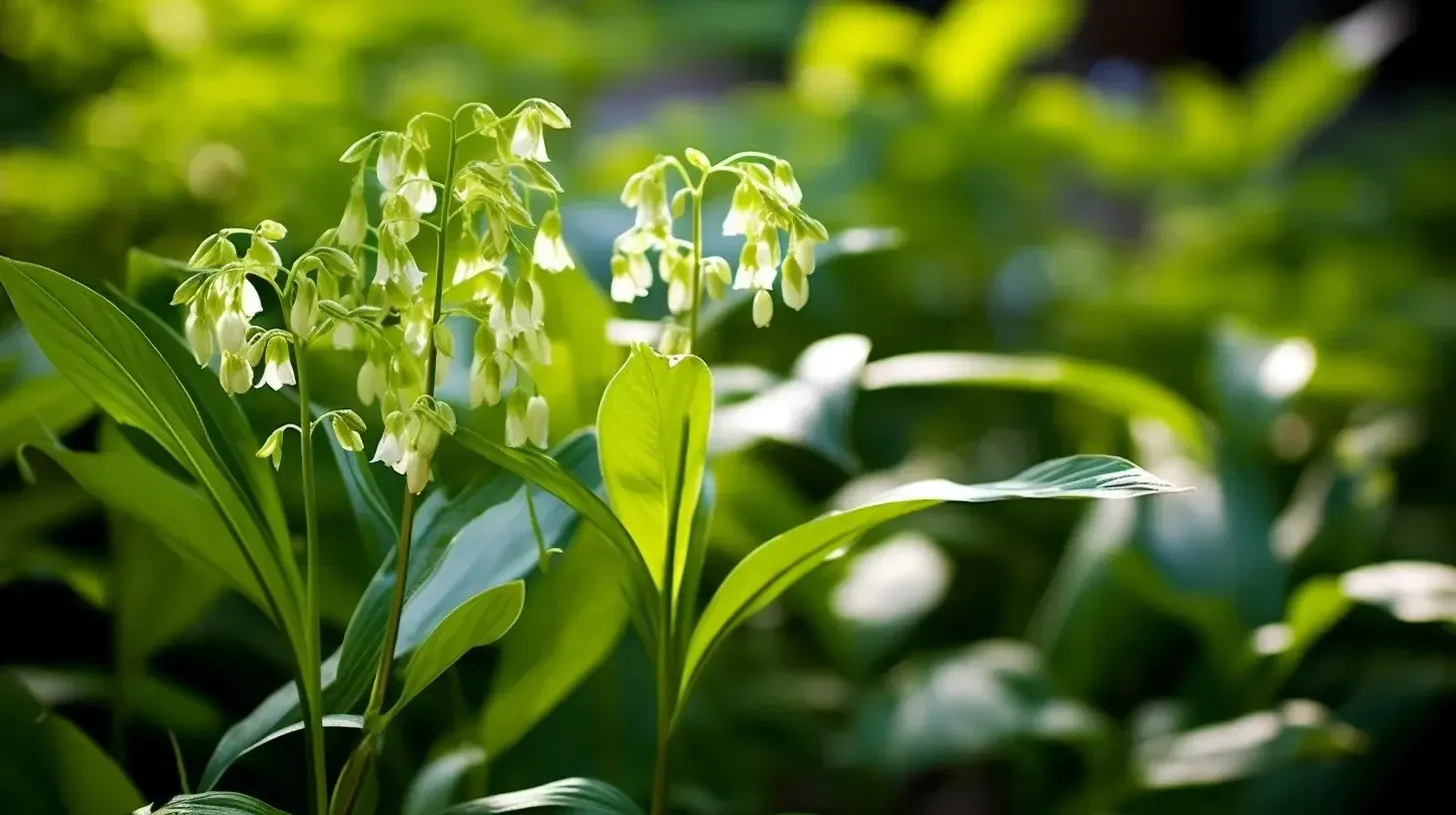The image shows green flowers with delicate, bell-shaped blooms in a lush garden setting. Sunlight filters through the leaves, highlighting the vibrant green foliage and creating a serene atmosphere.