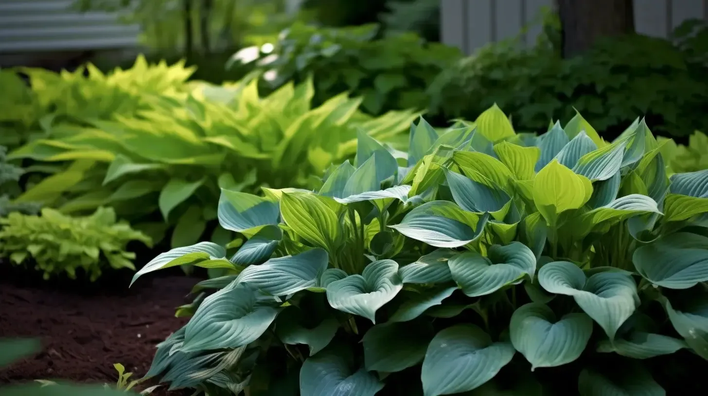Lush hosta plants thriving in a shaded garden bed.