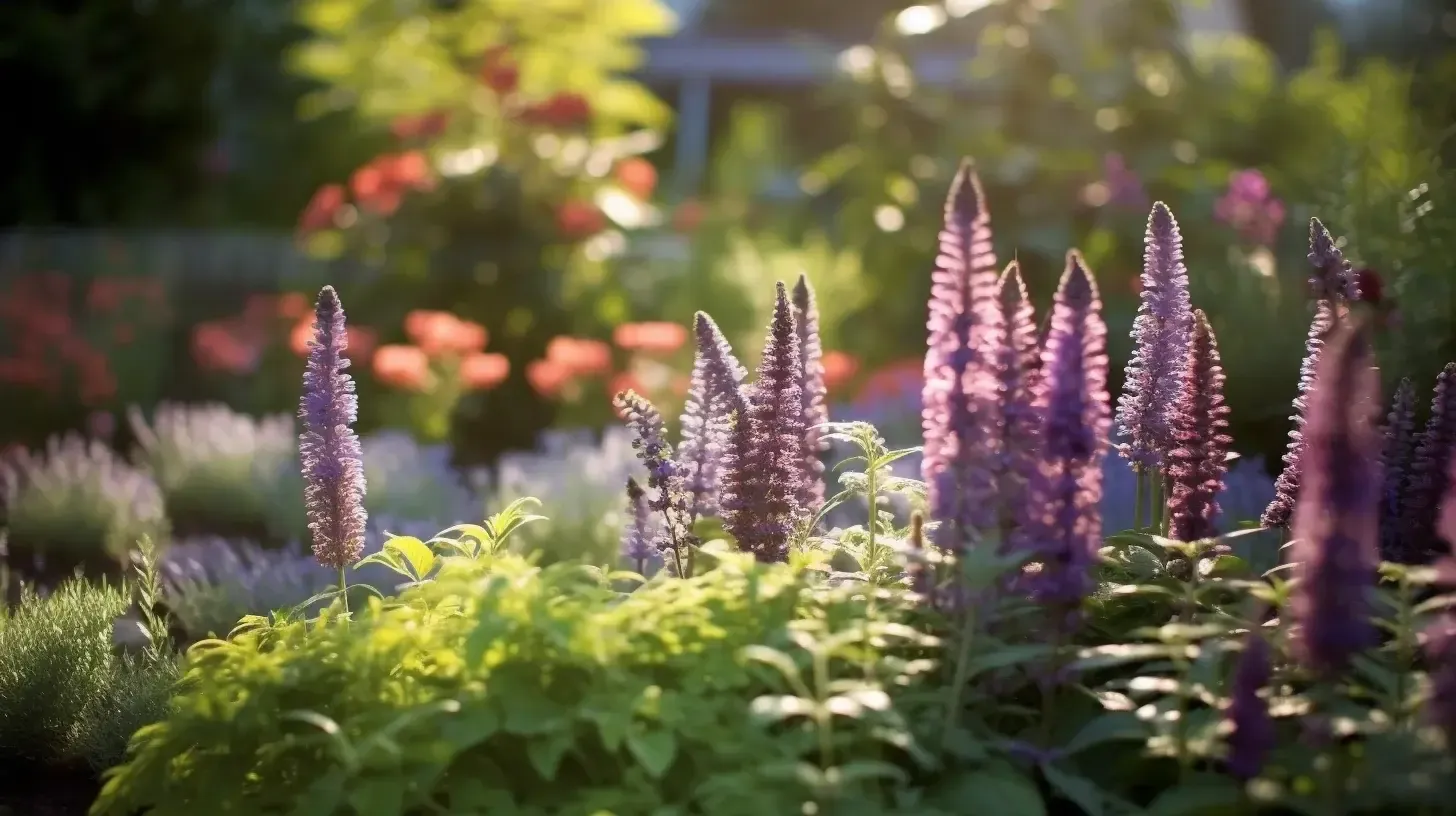 A garden scene featuring tall purple flowers in the foreground with various green foliage and other colorful flowers in the background. The image is bathed in soft, warm sunlight, creating a serene and vibrant atmosphere.