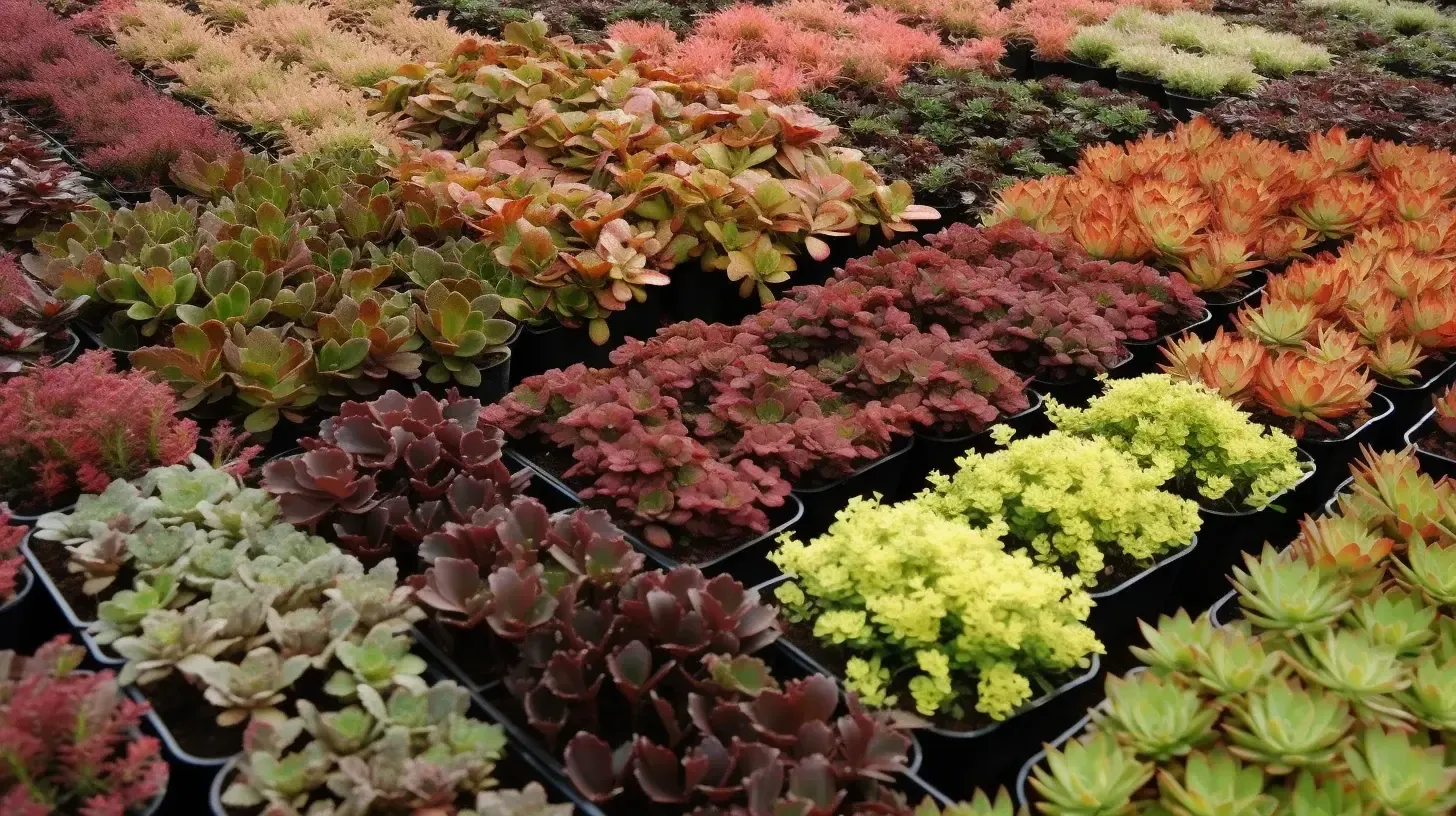A variety of colorful succulents are displayed in black trays. The plants feature a range of colors including red, green, yellow, and orange, showcasing their diverse forms and textures.